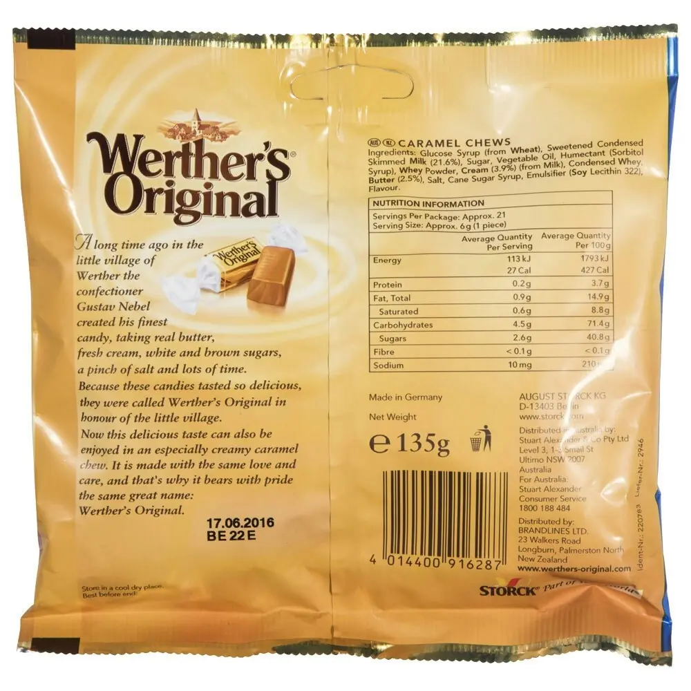 3x Werthers 135g Original Chewy Toffees Candy Bag Sweet/Confectionery Snack