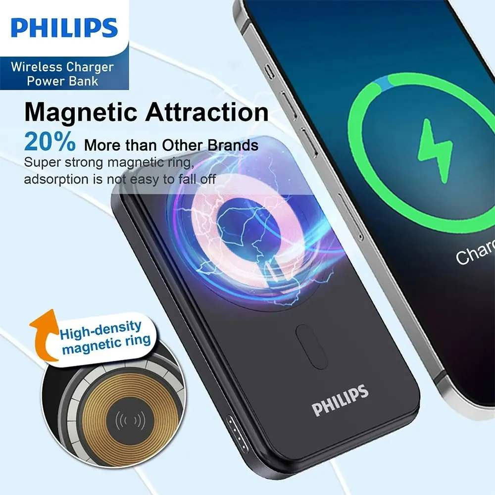 Philips Magnetic 15W Wireless Charger 5000mAh MagSafe Power Bank Battery Black