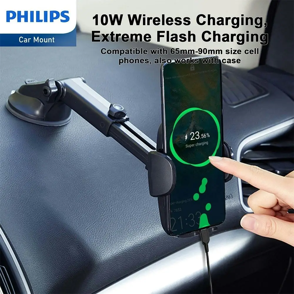 Philips 10W Qi Wireless Charging Car Mount Phone Holder For iPhone/Samsung Black