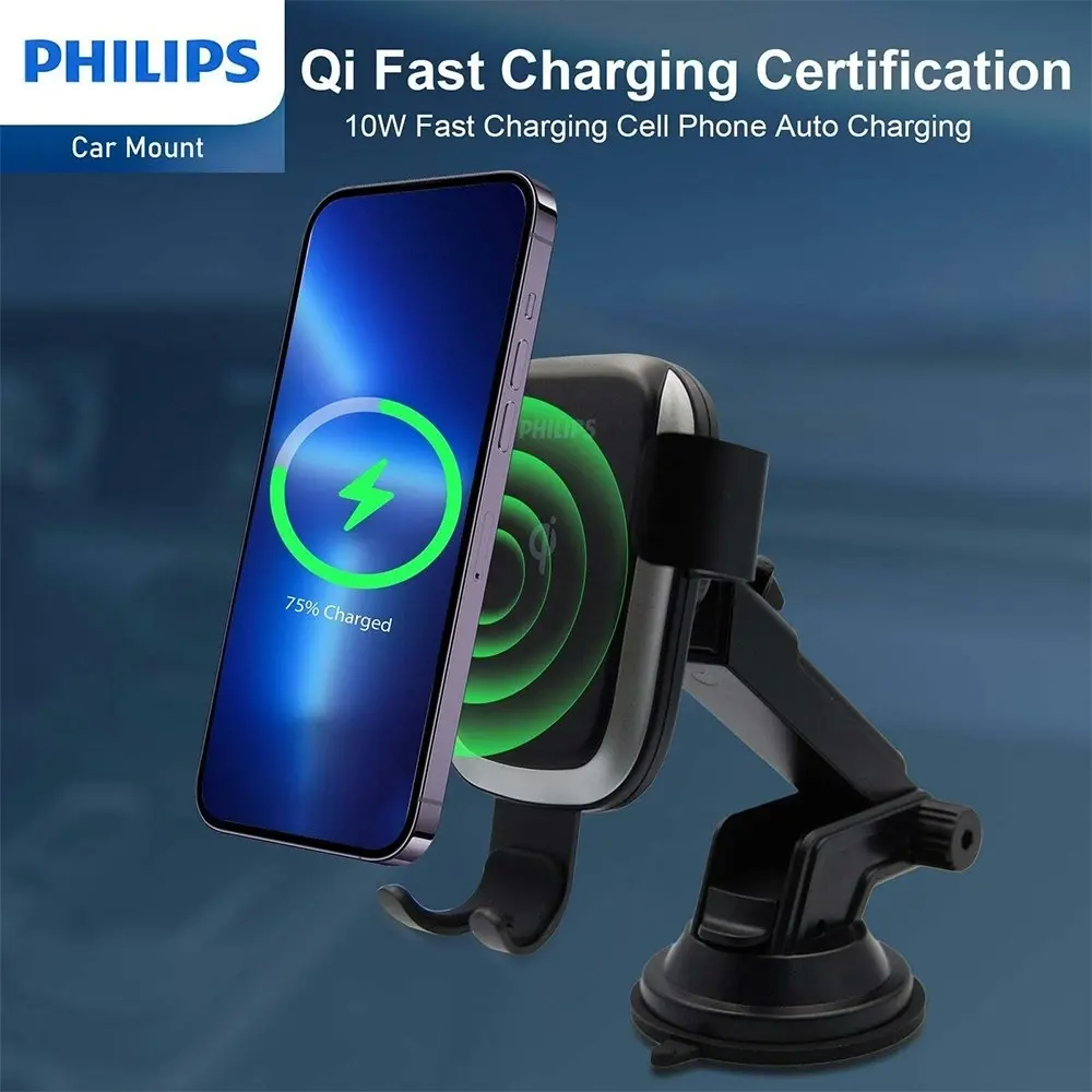 Philips 10W Qi Wireless Charging Car Mount Phone Holder For iPhone/Samsung Black