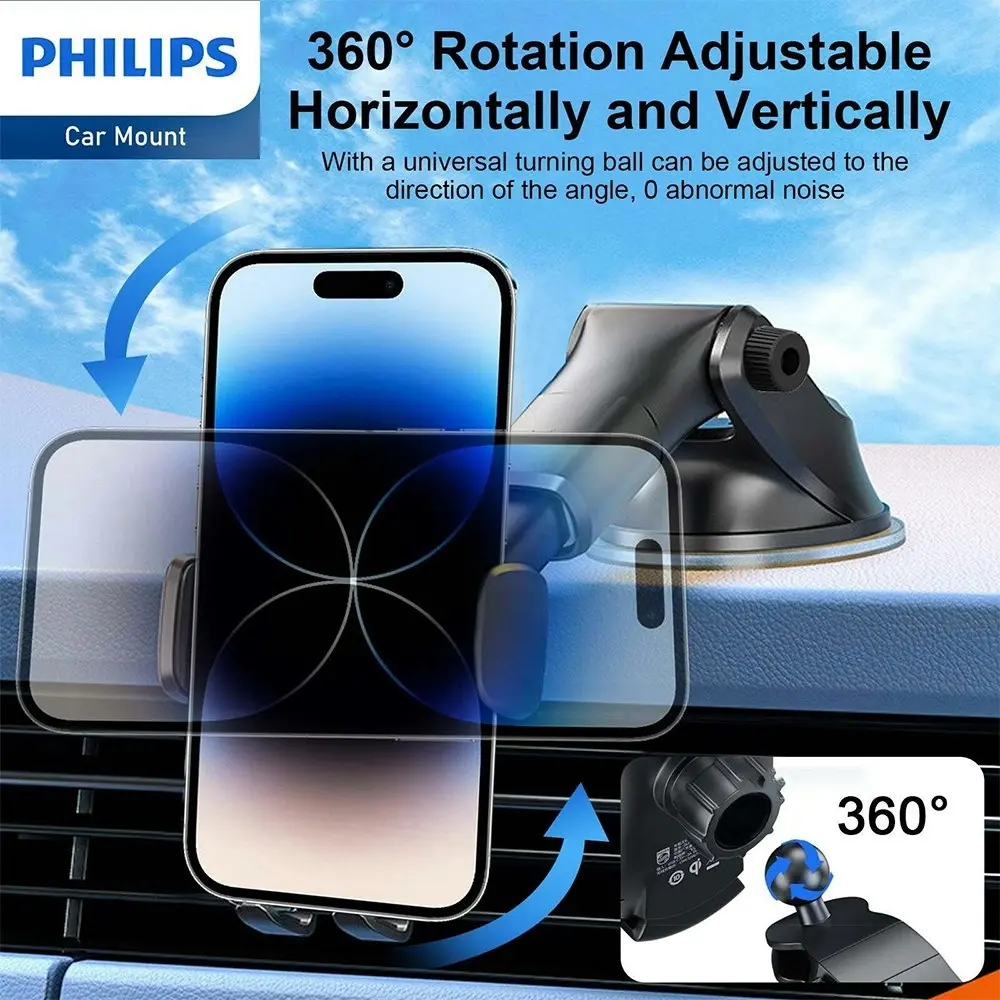 Philips 10W Qi Wireless Charging Car Mount Phone Holder For iPhone/Samsung Black