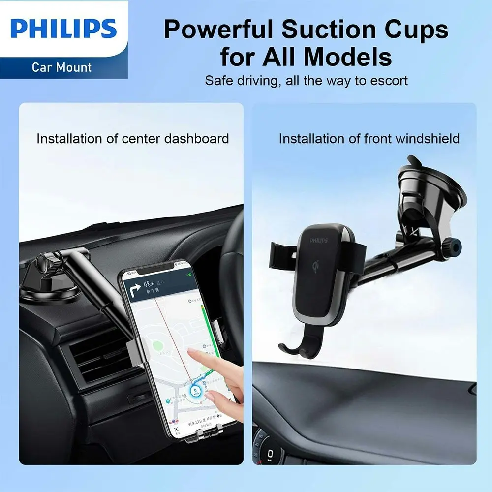 Philips 10W Qi Wireless Charging Car Mount Phone Holder For iPhone/Samsung Black