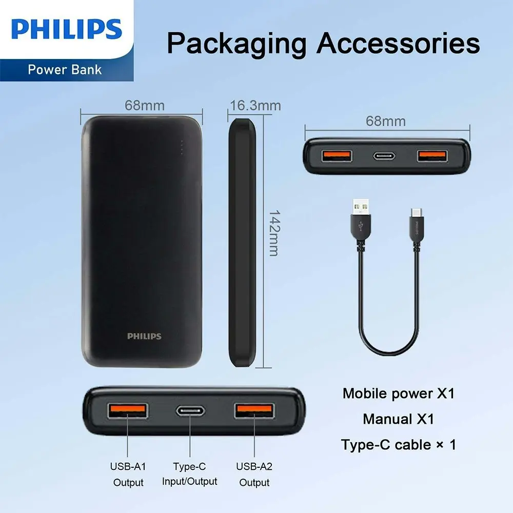 Philips 10000mAh PD Mobile Battery Fast-Charge Power Bank w/ 2-USB Port Black