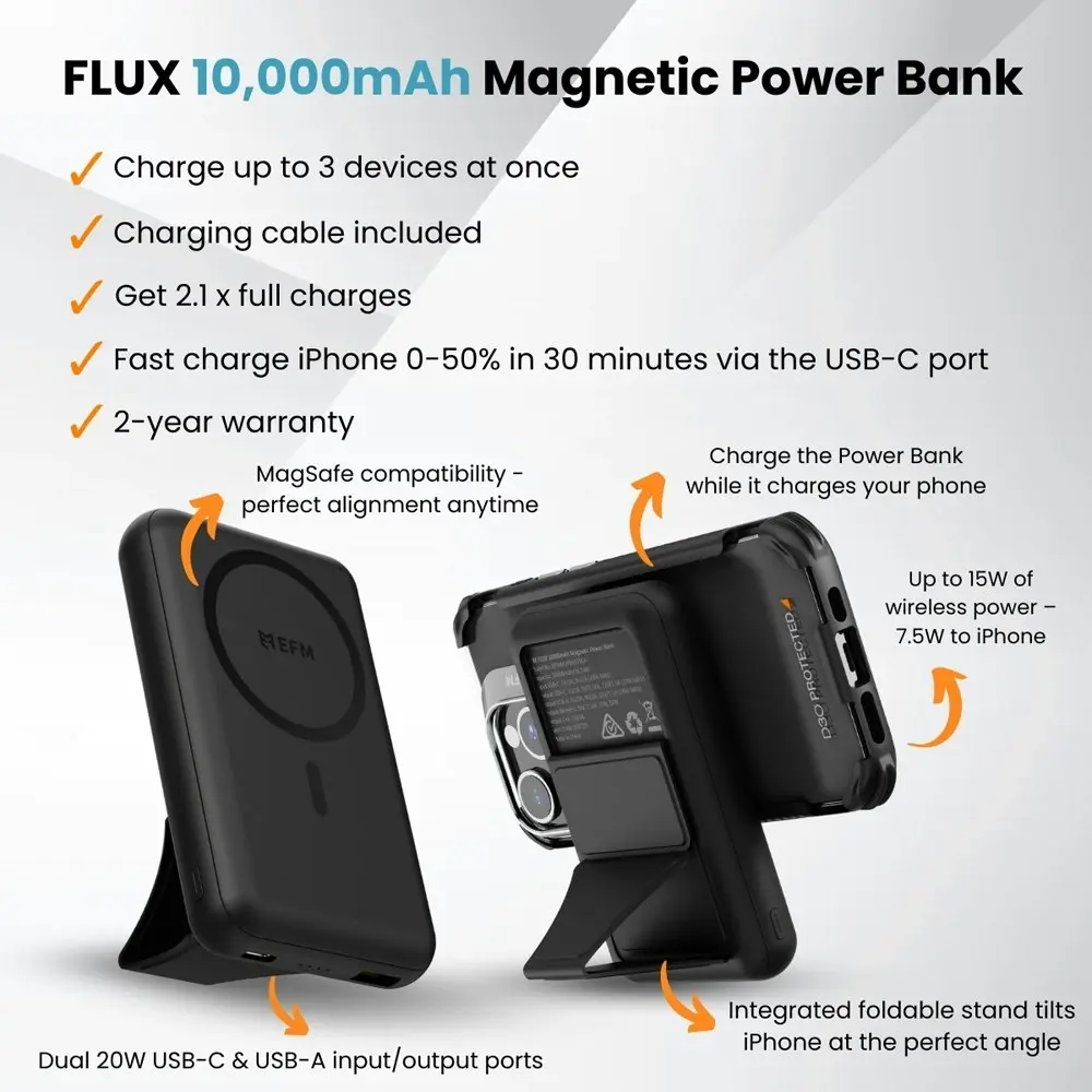 EFM Flux Magnetic 10000mAh MagSafe Power Bank w/ Stand For iPhone 14/13 Black