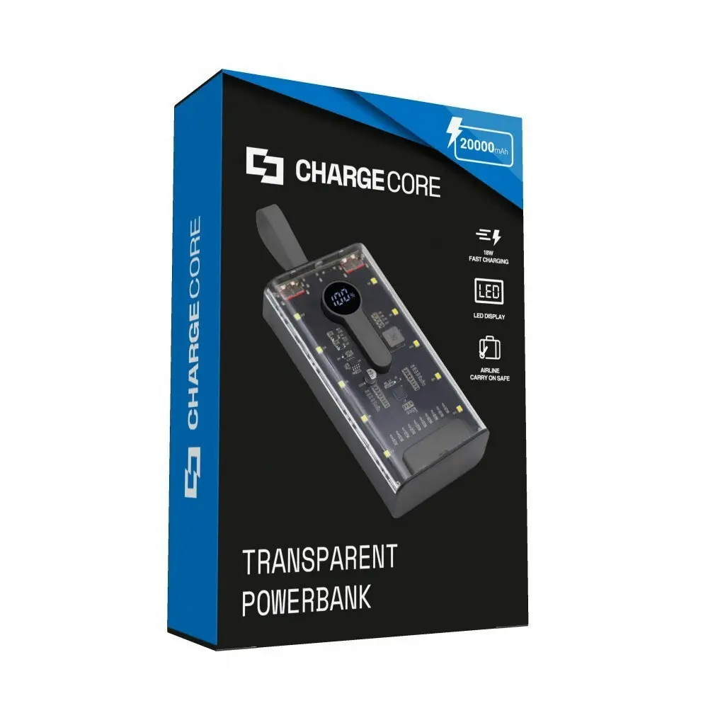 ChargeCore 20000mAh Transparent Power Bank Portable Battery w/ LED Indicator BLK