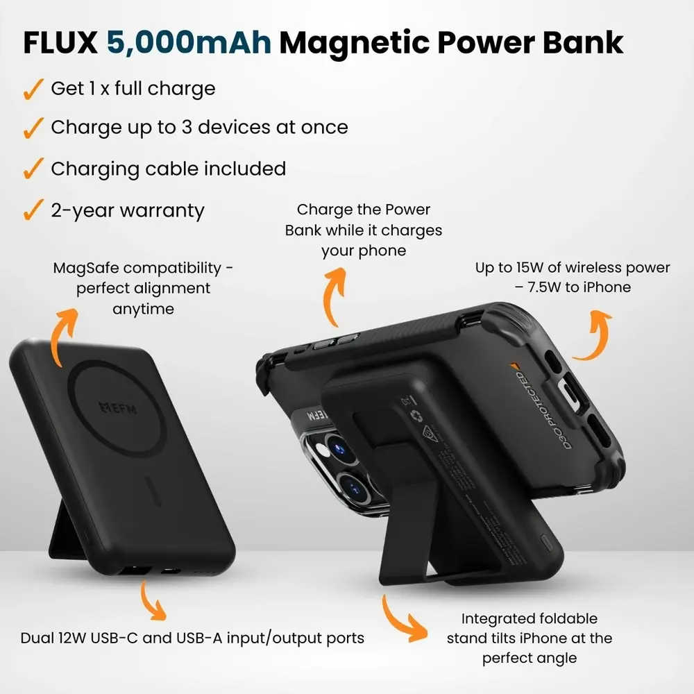 EFM Flux Magnetic 5000mAh MagSafe Power Bank w/ Stand For iPhone 14/13 Black