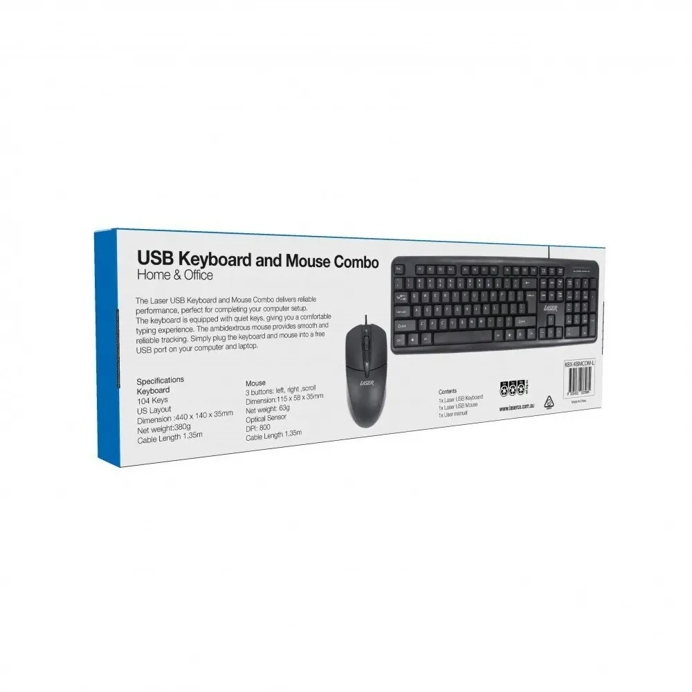 2pc Laser Wired USB-A Office Keyboard & Mouse Combo For PC/Laptop Computer Black