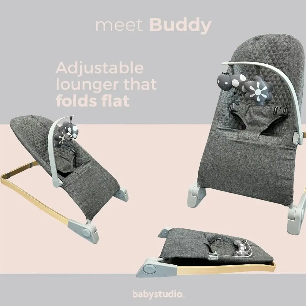 Babystudio Buddy Bouncer 3-Position Foldable/Adjustable Baby Bouncer 0-6m Grey