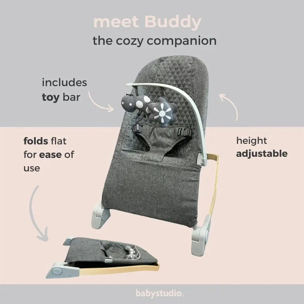 Babystudio Buddy Bouncer 3-Position Foldable/Adjustable Baby Bouncer 0-6m Grey