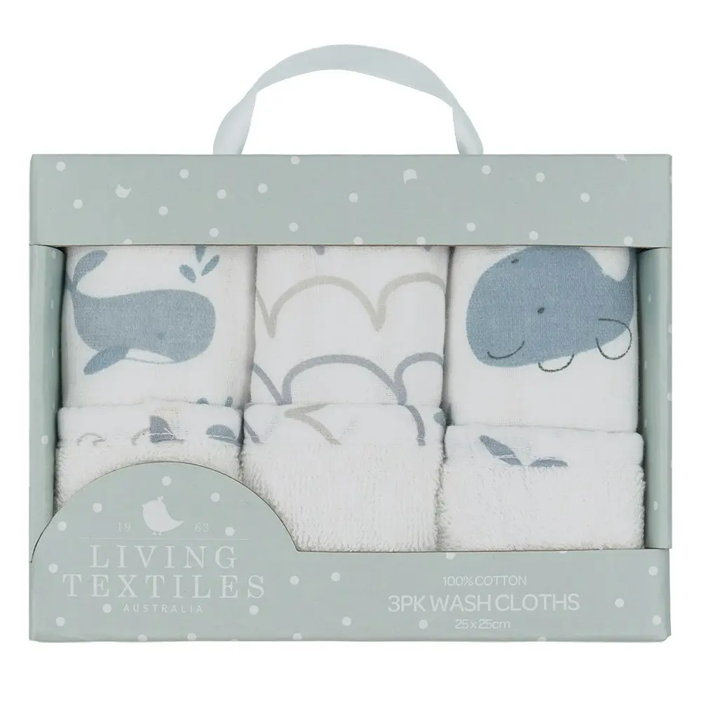 6pc Living Textiles Cotton Muslin Baby/Infant Bathroom Wash Cloths Whale Themed