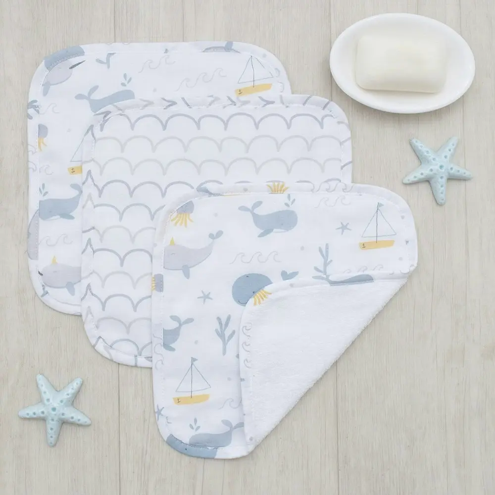 6pc Living Textiles Cotton Muslin Baby/Infant Bathroom Wash Cloths Whale Themed