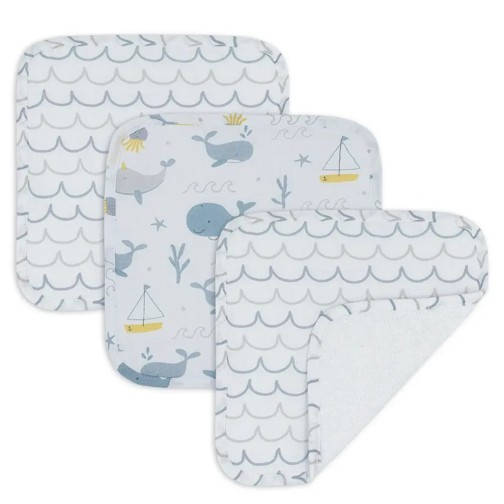 6pc Living Textiles Cotton Muslin Baby/Infant Bathroom Wash Cloths Whale Themed