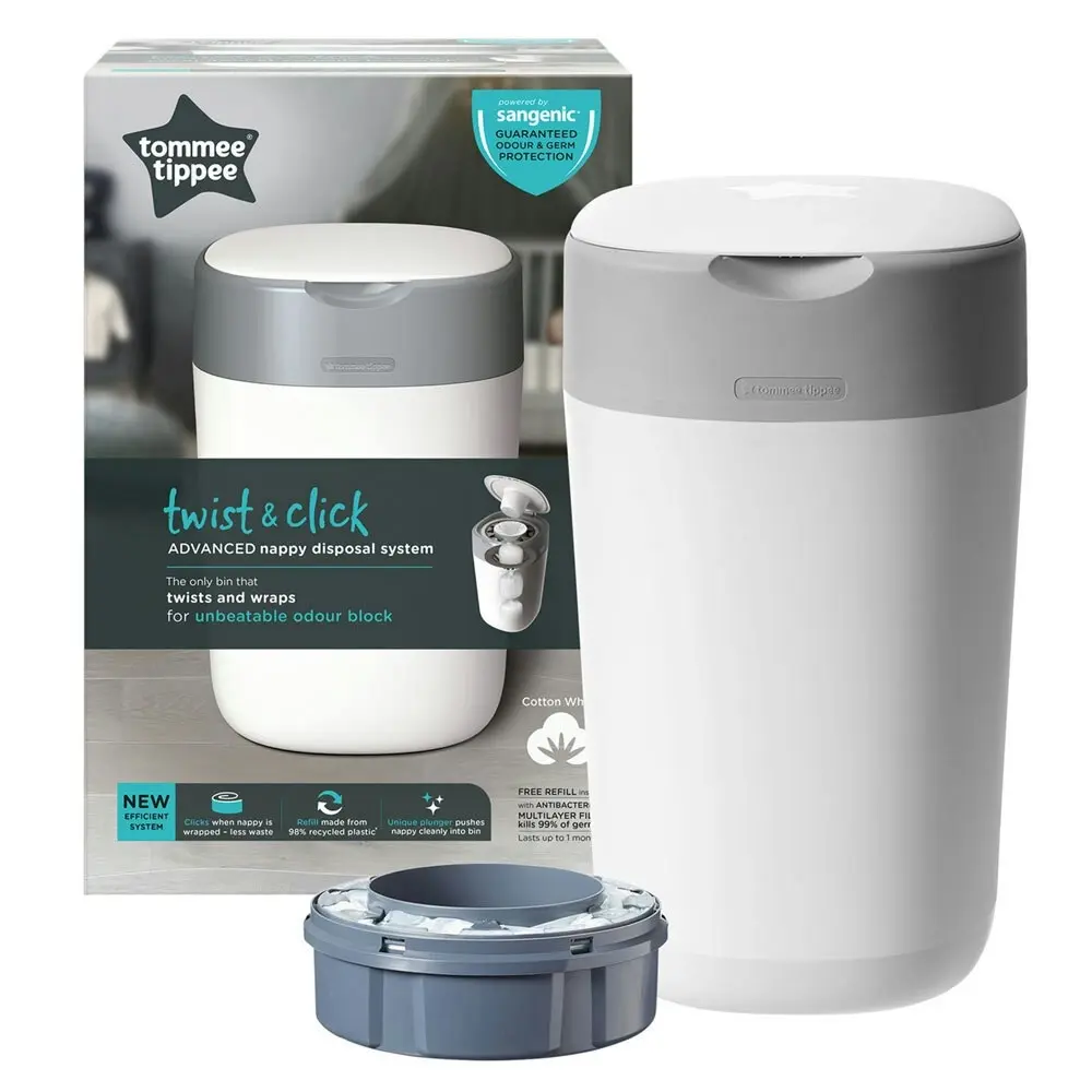 Tommee Tippee Twist & Click Nappy Disposal Bin Diaper Waste Storage Cotton White