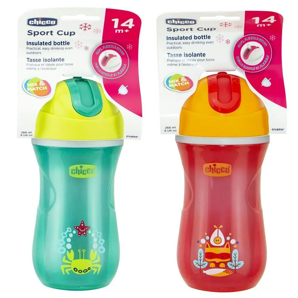 2x Chicco Nursing Baby Insulated 266ml Silicone Cup Drink Bottle 14m+ Assort