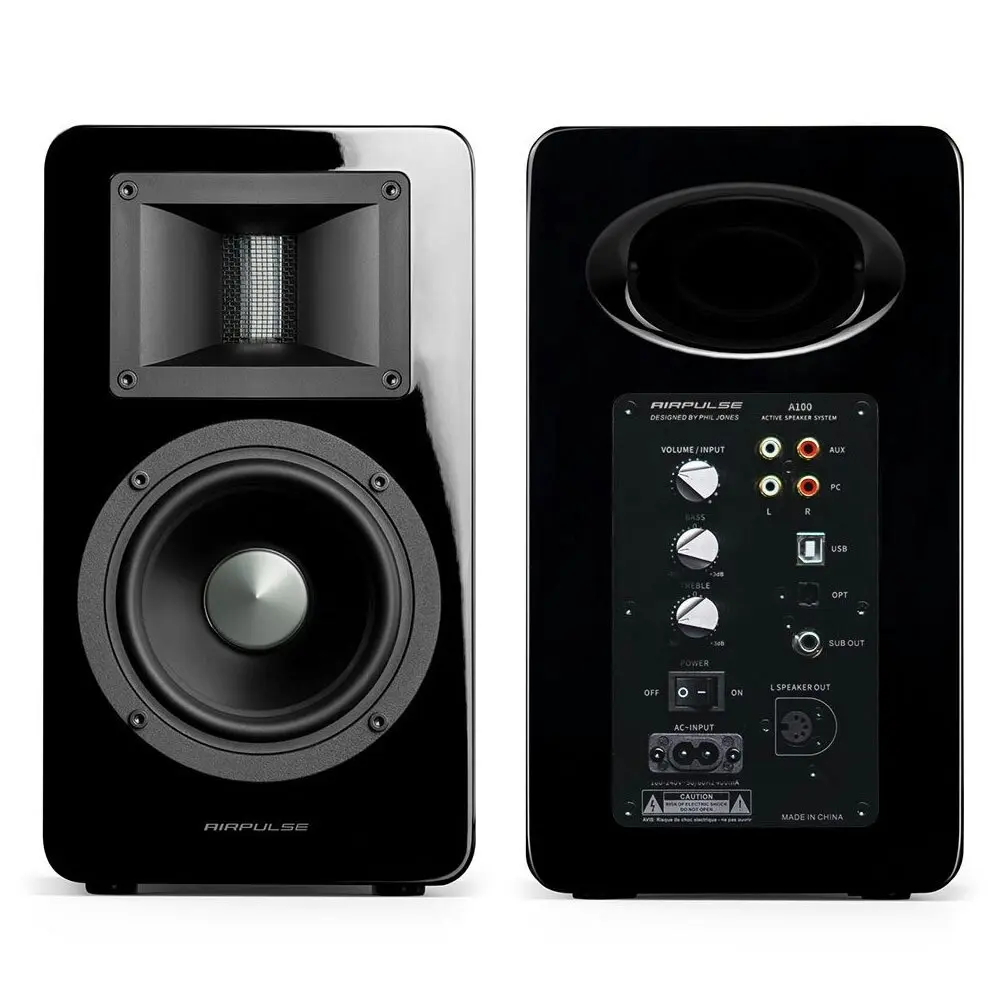 Airpulse A100 Active Wireless Bookshelf Speakers and WiiM Mini Streamer Black