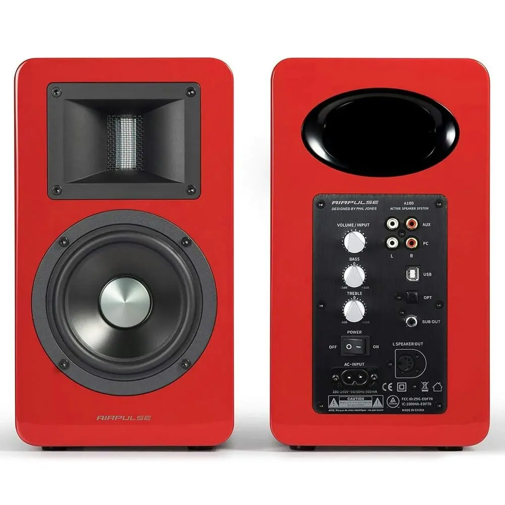 Airpulse A100 Wireless Active Miniature Bookshelf Home Audio Speakers Red