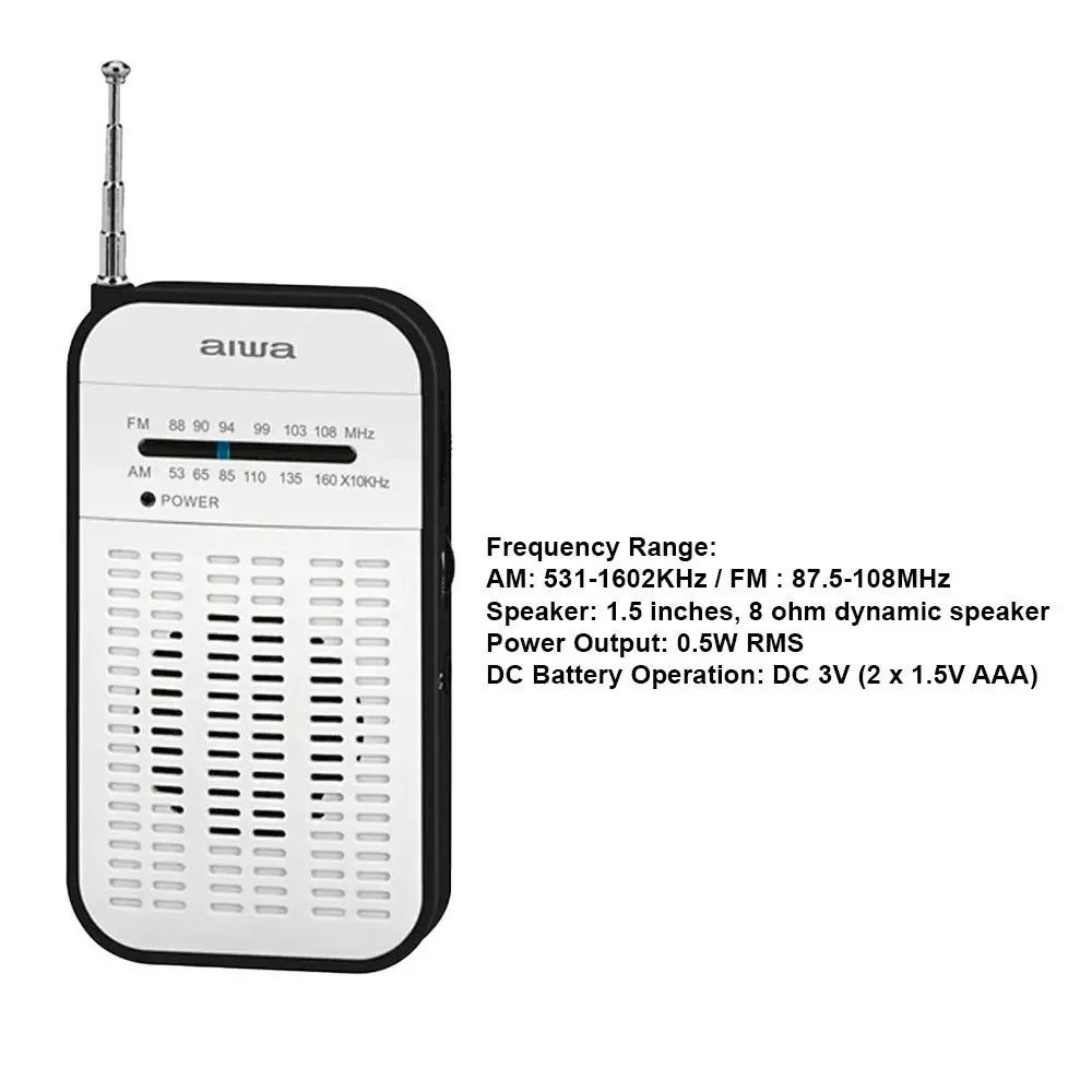 AIWA Portable Handheld AM/FM AAA Battery Manual Radio w/Headphone Jack - White