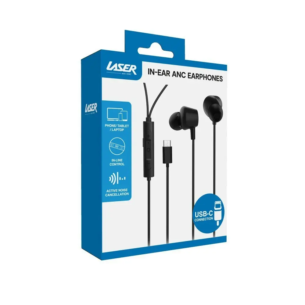 Laser Wired In-Ear ANC USB-C Earphones w/ Mic For Phone/Tablet/Laptop Black 1.2m