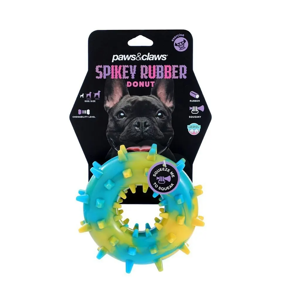 4x Paws & Claws Spikey Durable Donut Dog Chew Squeaky Toy Assorted 14x6cm