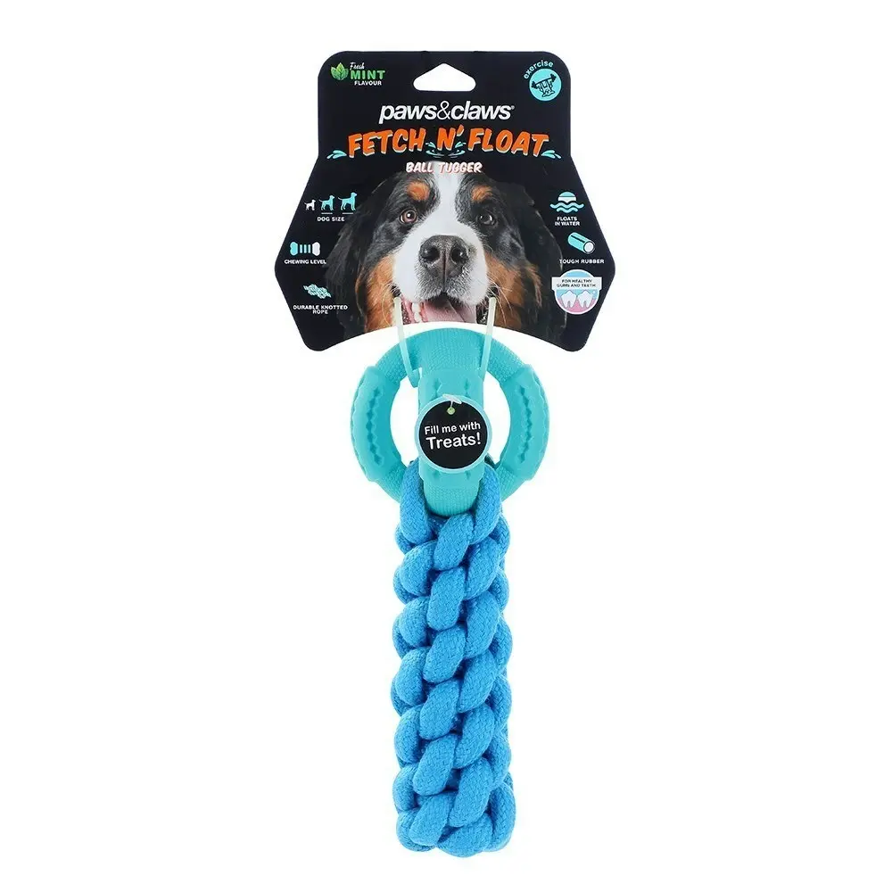 2x Paws & Claws Fetch N' Play Ball + Rope Tugger Dog/Pet Toy Assorted 24x10x10cm