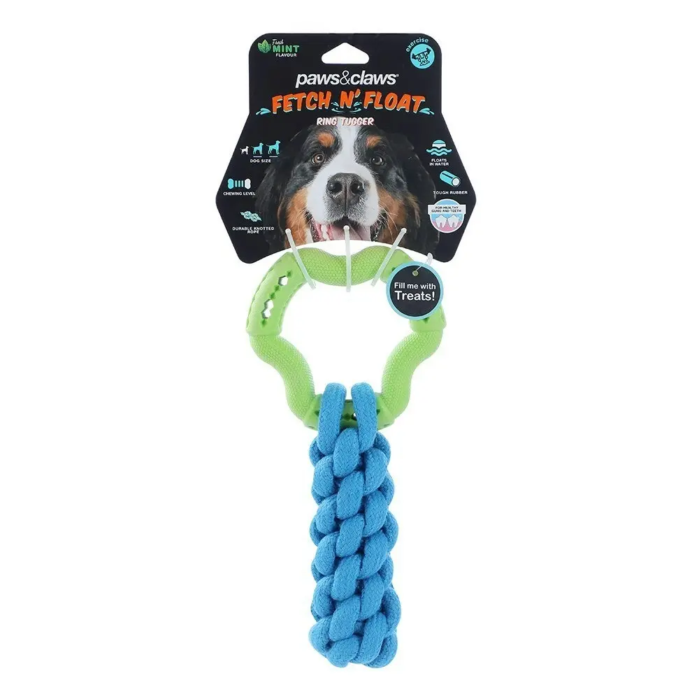 2x Paws & Claws Fetch N' Play Ring + Rope Tugger Dog/Pet Toy Assorted 24x12x6cm