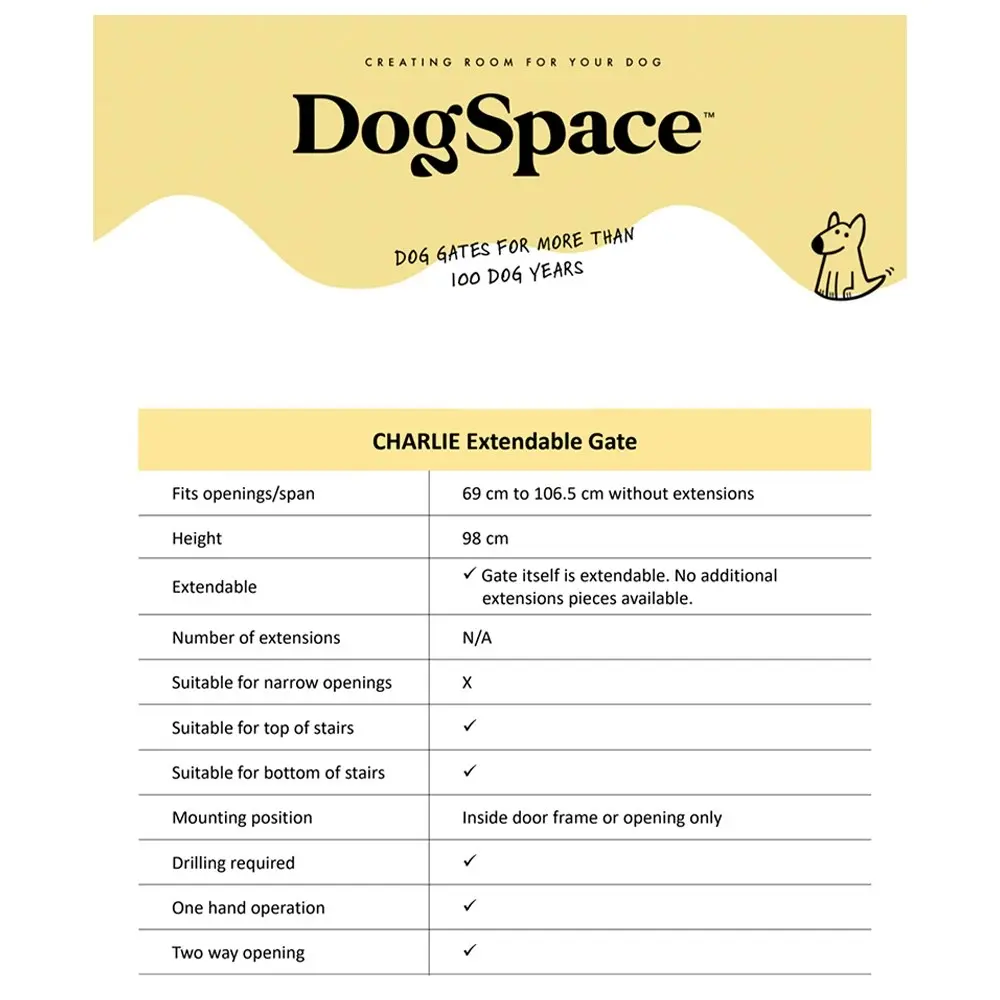 DogSpace Charlie Extra Tall Adjustable Safety Gate 103x106.8cm Dog/Pet White