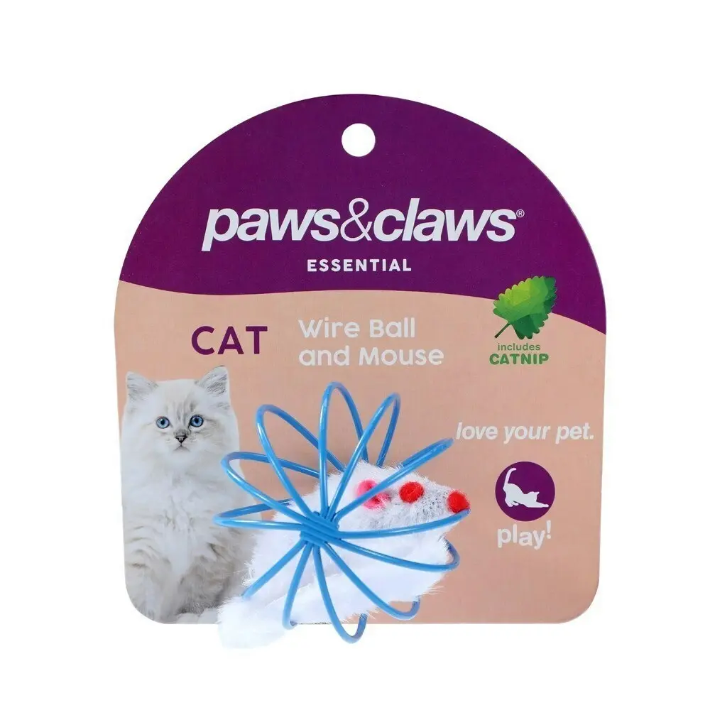 2x Paws & Claws 6cm Wire Ball & Mouse Catnip Interactive/PlayingToy Pet/ Blue