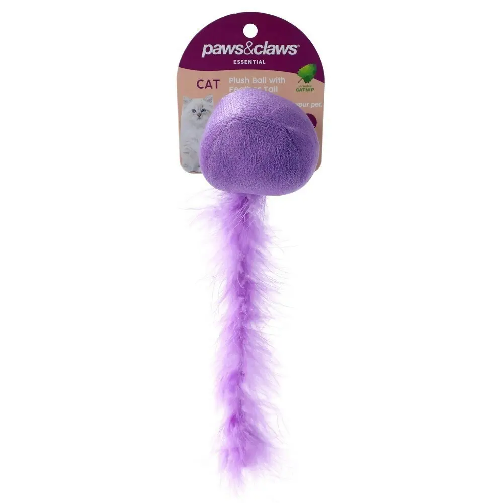 2x Paws & Claws 20cm Plush Catnip Ball Interactive Cat Toy w/ Feather Tail Asstd