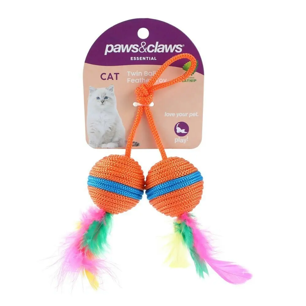 2x Paws & Claws Pet Cat 20cm Twin Ball & Feather Catnip Interactive Toy Assorted