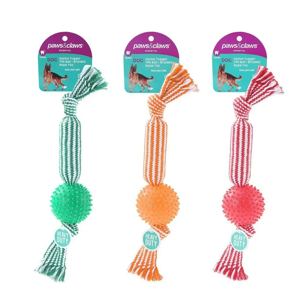 Paws & Claws 37cm Dental Tugger Dog/Pet Toy TPR Ball + Braided Rope Assorted