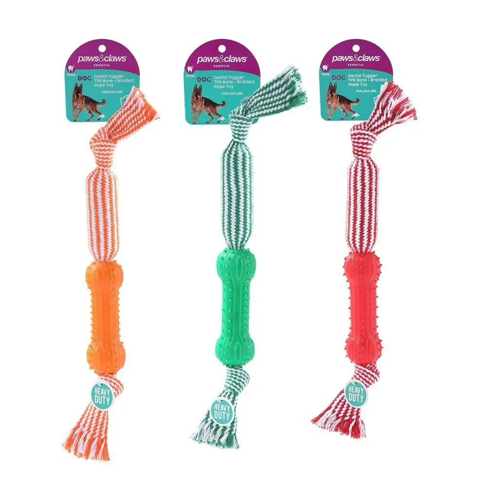 Paws & Claws 43cm Dental Tugger Dog/Pet Toy TPR Bone + Braided Rope Assorted