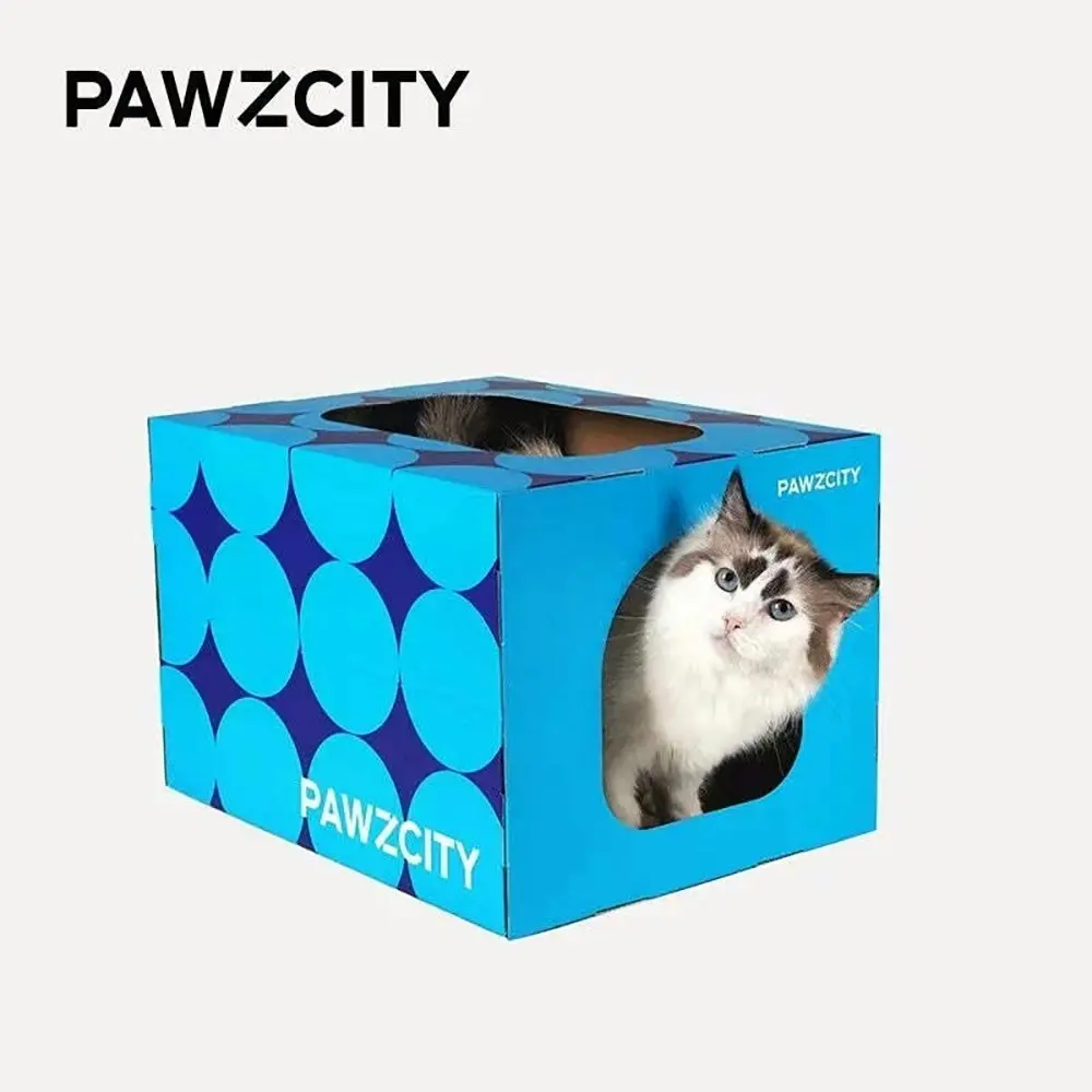 Pawzcity 46cm Cardboard Cat/Kitten Scratcher House Pet Scratching Box Rect Blue