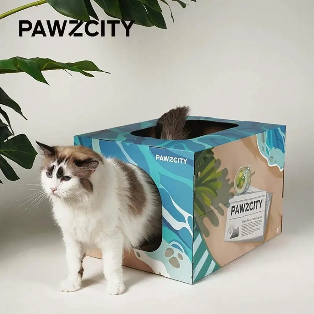 Pawzcity 46cm Cardboard Cat/Kitten Scratcher House Pet Scratching Box Rect Blue