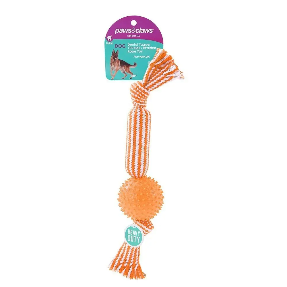 3x Paws & Claws 37cm Dental Tugger Dog/Pet Toy TPR Ball + Braided Rope Assorted