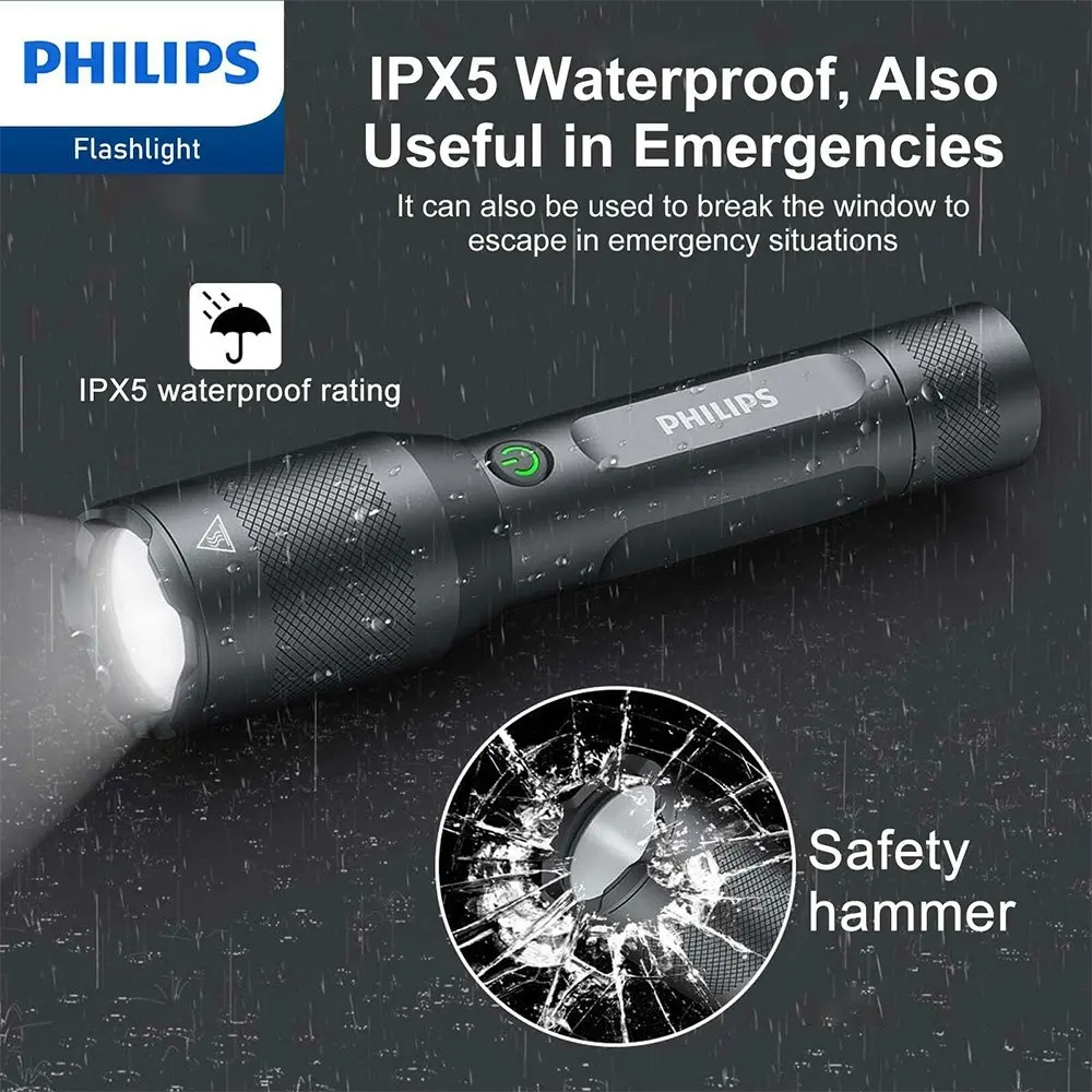 Philips Rechargeable LED Flashlight Handheld Camping 1200LM Torch Light Black