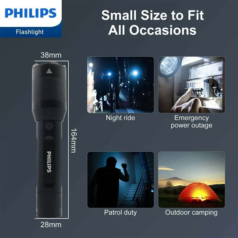 Philips Rechargeable LED Flashlight Handheld Camping 1200LM Torch Light Black