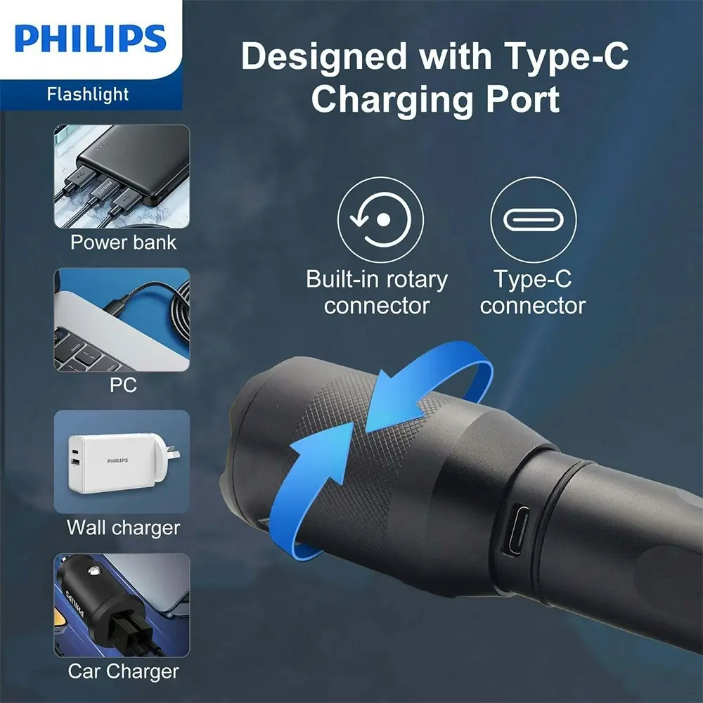 Philips Rechargeable LED Flashlight Handheld Camping 1200LM Torch Light Black