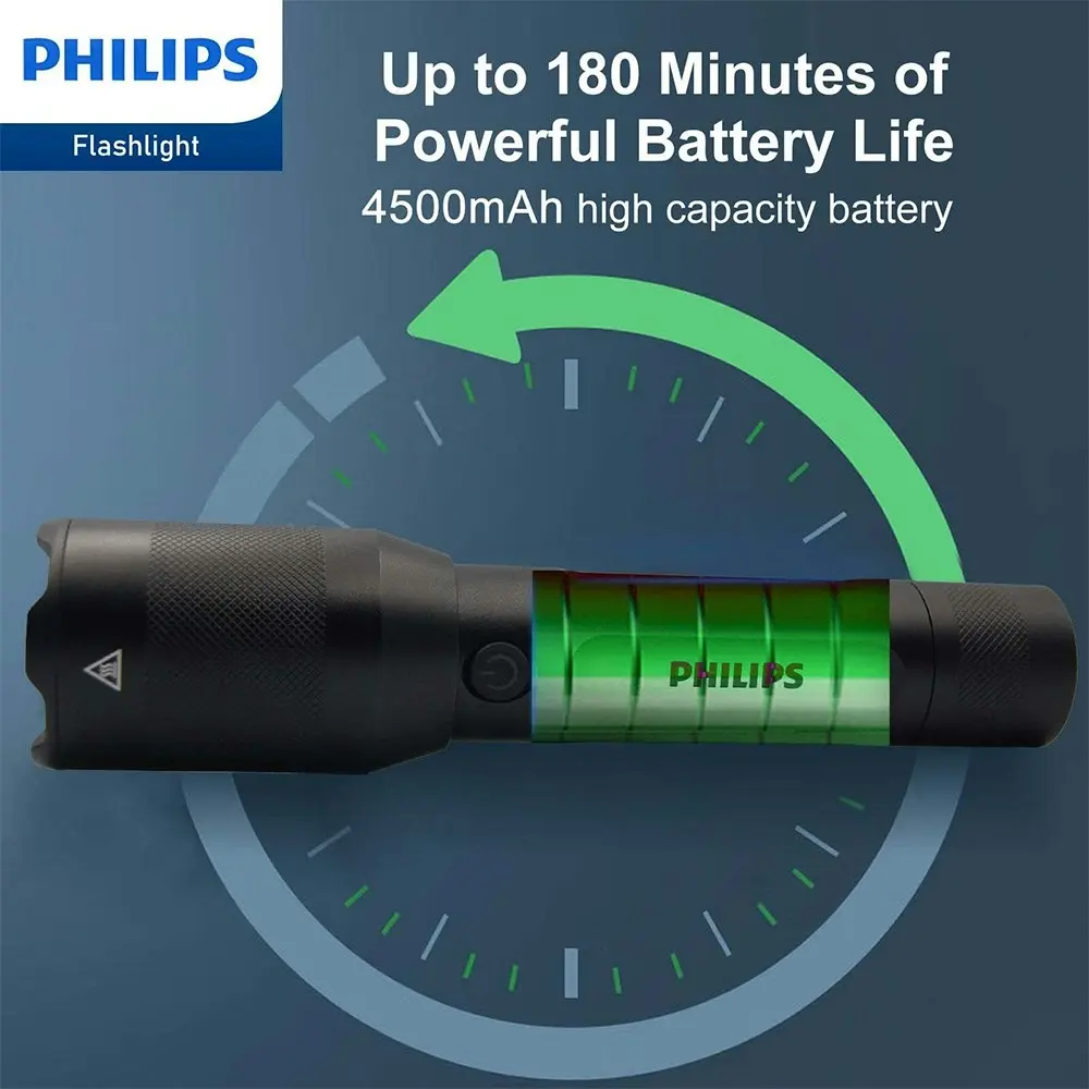 Philips Rechargeable LED Flashlight Handheld Camping 1200LM Torch Light Black