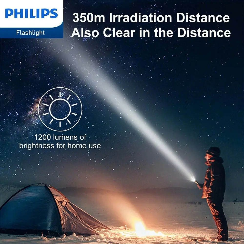 Philips Rechargeable LED Flashlight Handheld Camping 1200LM Torch Light Black