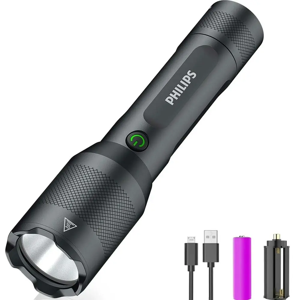 Philips Rechargeable LED Flashlight Handheld Camping 1200LM Torch Light Black