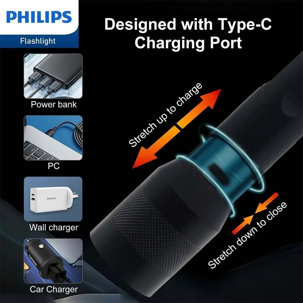 Philips Rechargeable LED Flashlight Handheld Camping 1000LM Torch Light Black