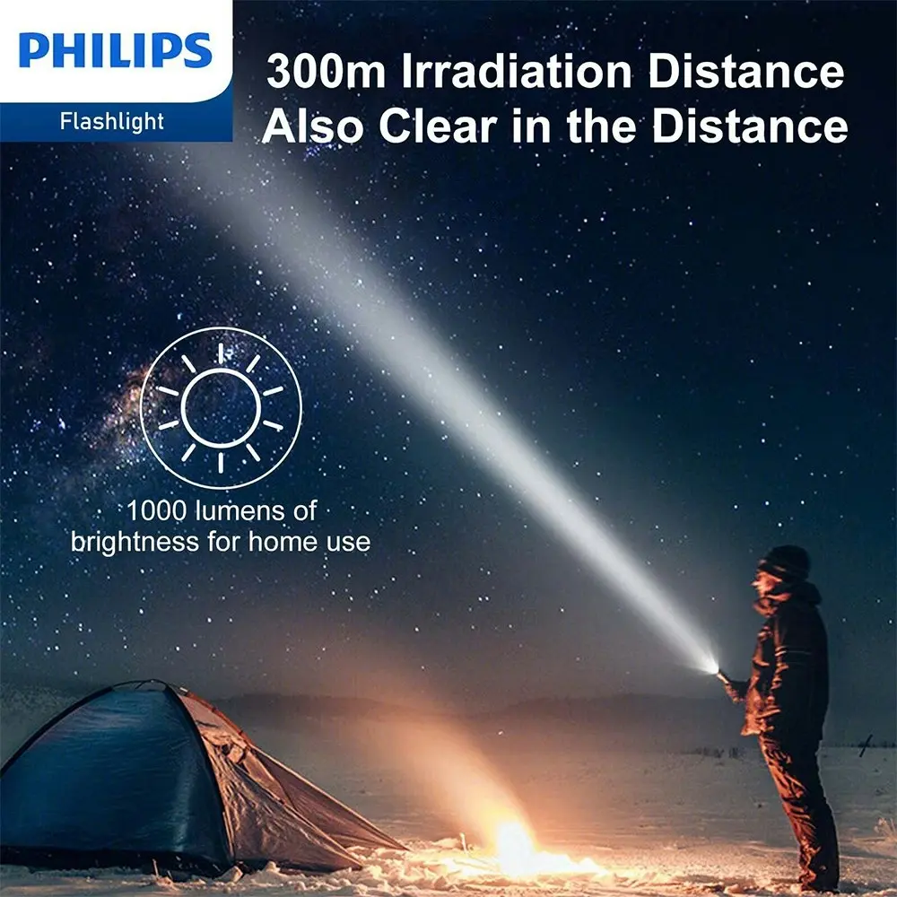 Philips Rechargeable LED Flashlight Handheld Camping 1000LM Torch Light Black