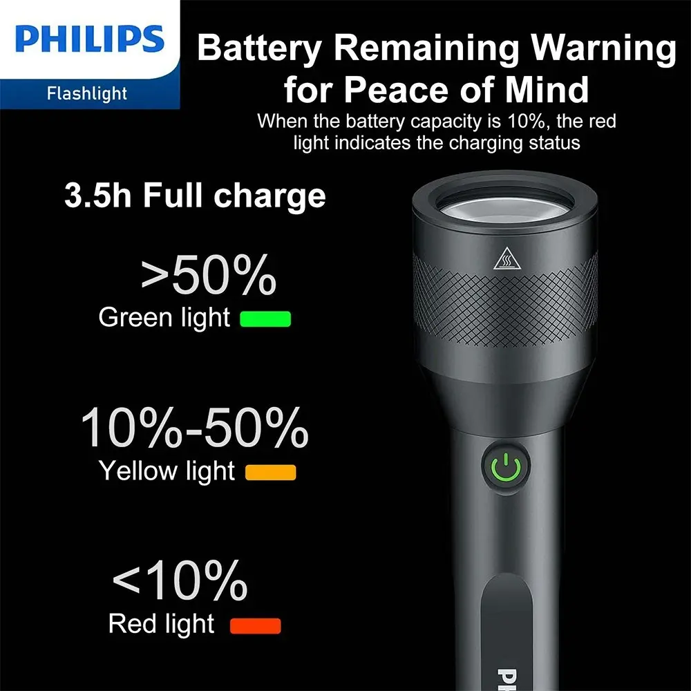 Philips Rechargeable LED Flashlight Handheld Camping 1000LM Torch Light Black