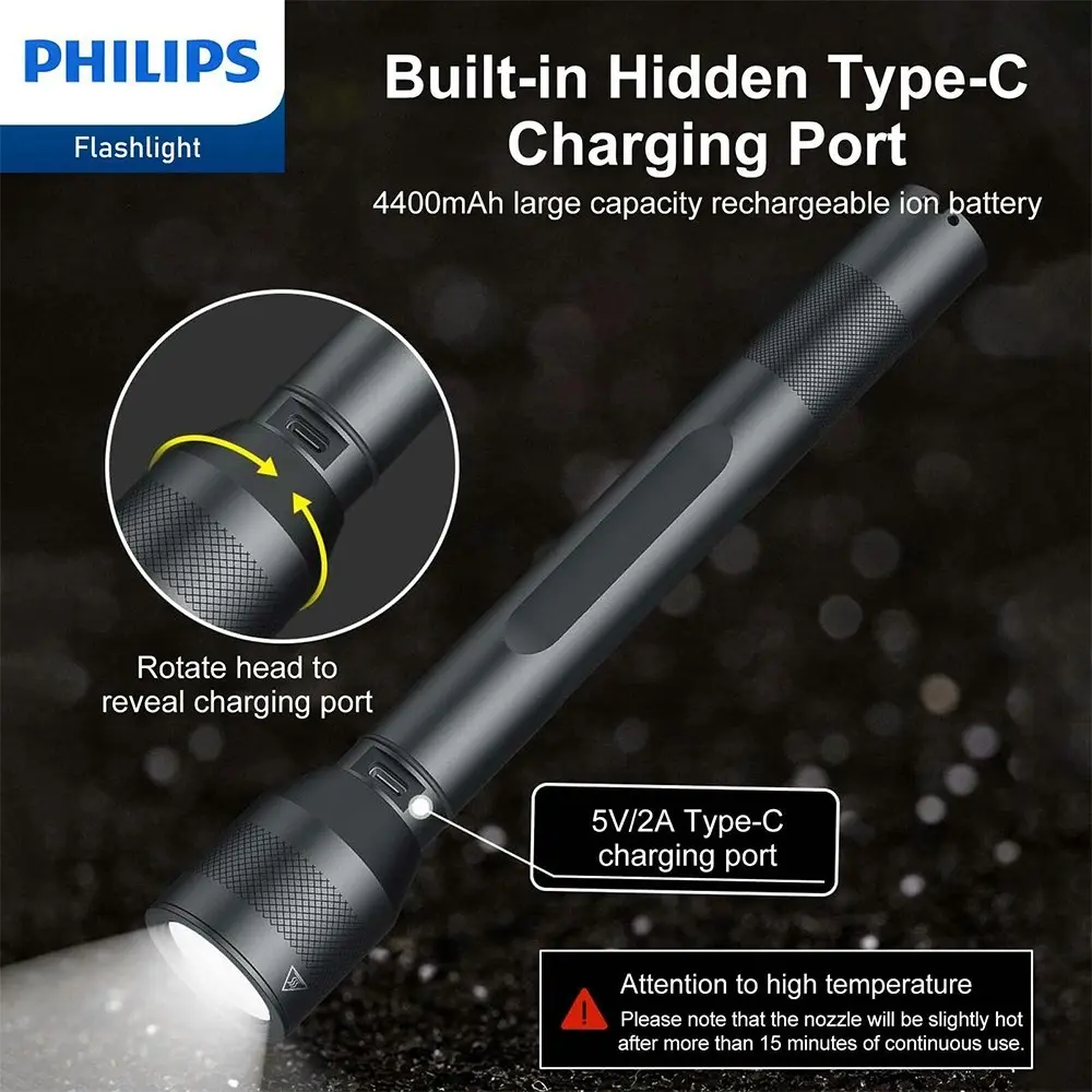 Philips Rechargeable LED Flashlight Handheld Camping 1000LM Torch Light Black