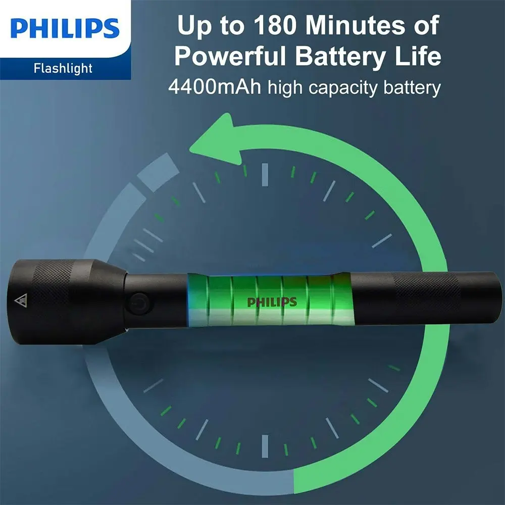 Philips Rechargeable LED Flashlight Handheld Camping 1000LM Torch Light Black