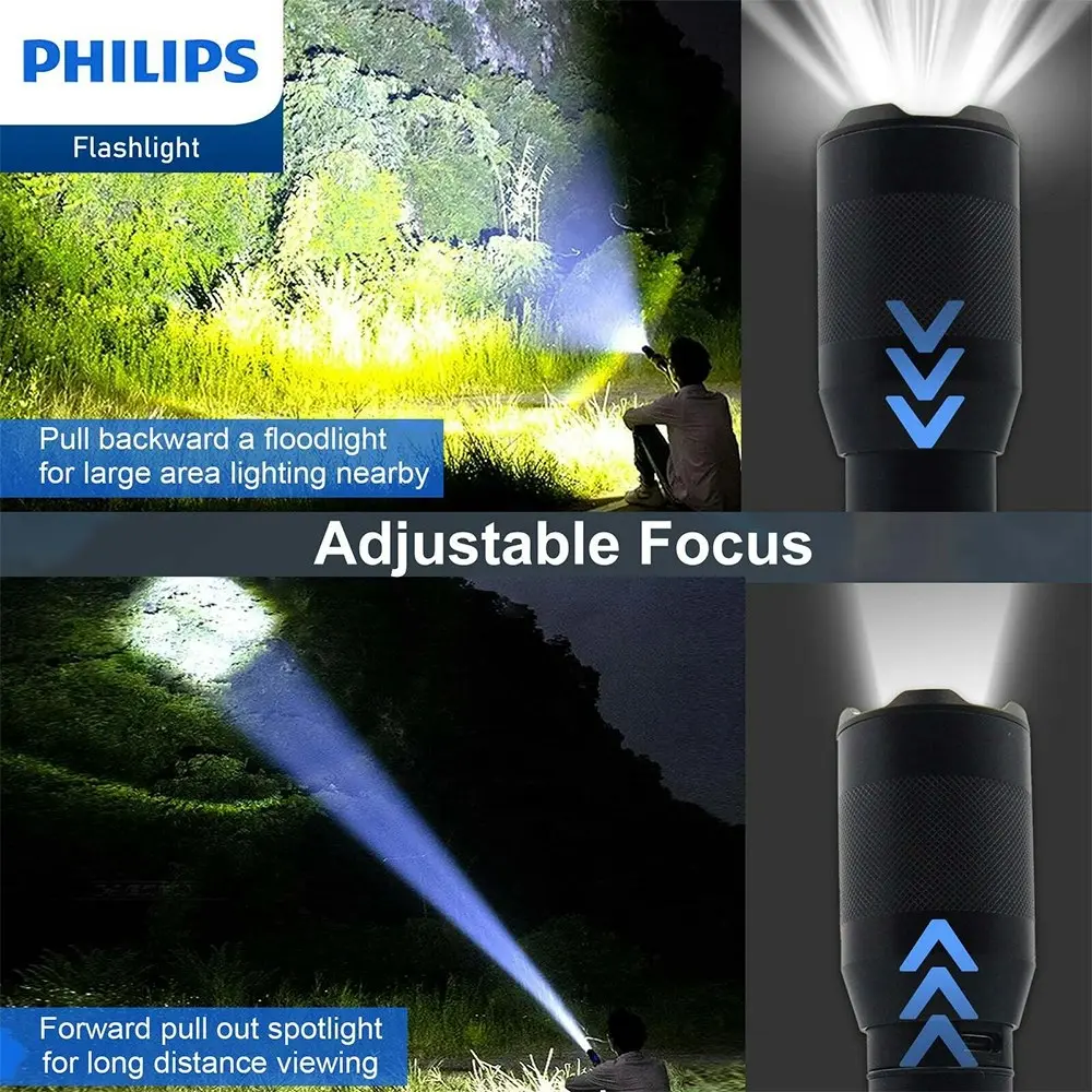 Philips Rechargeable LED Flashlight Handheld Camping 1100LM Torch Light Black