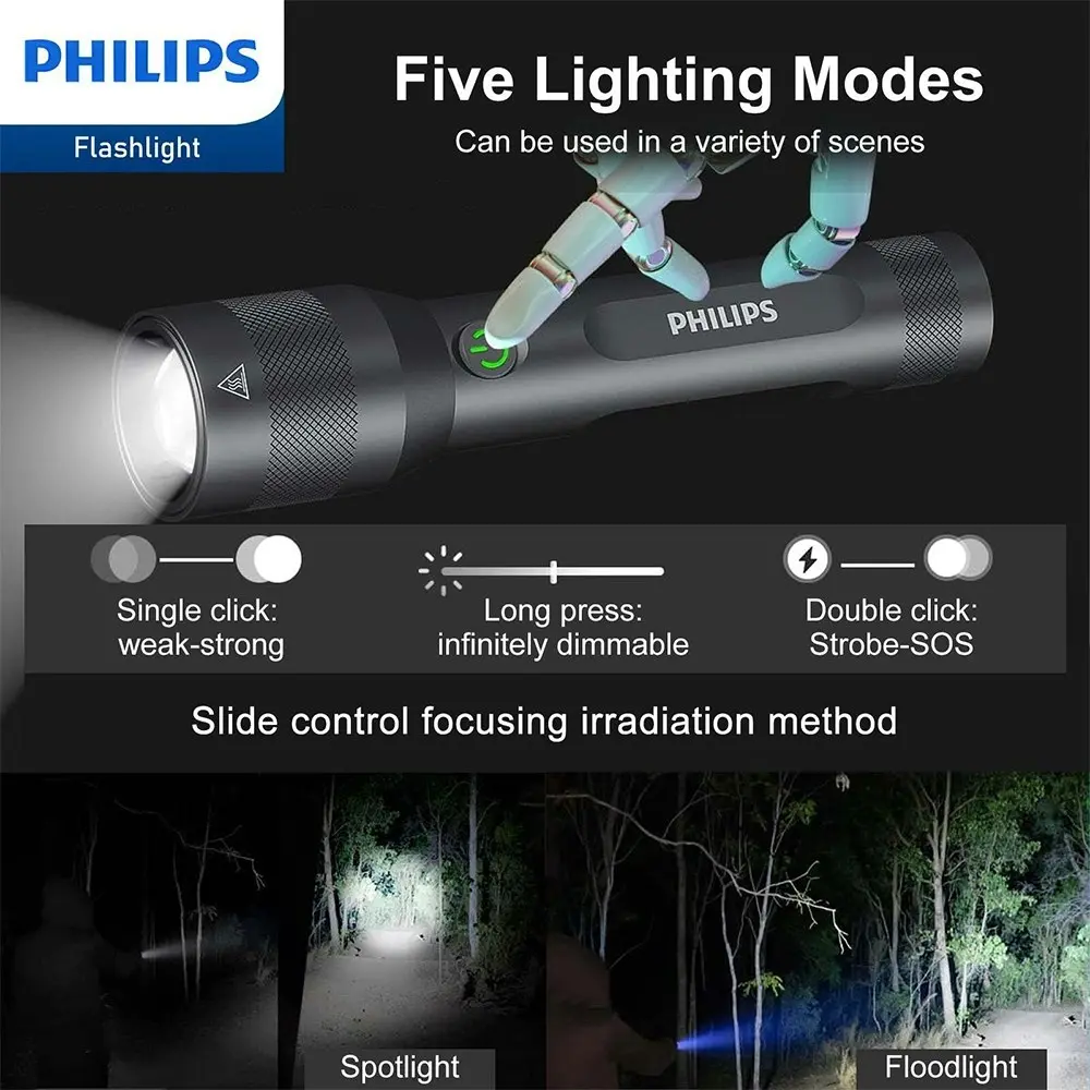 Philips Rechargeable LED Flashlight Handheld Camping 1100LM Torch Light Black