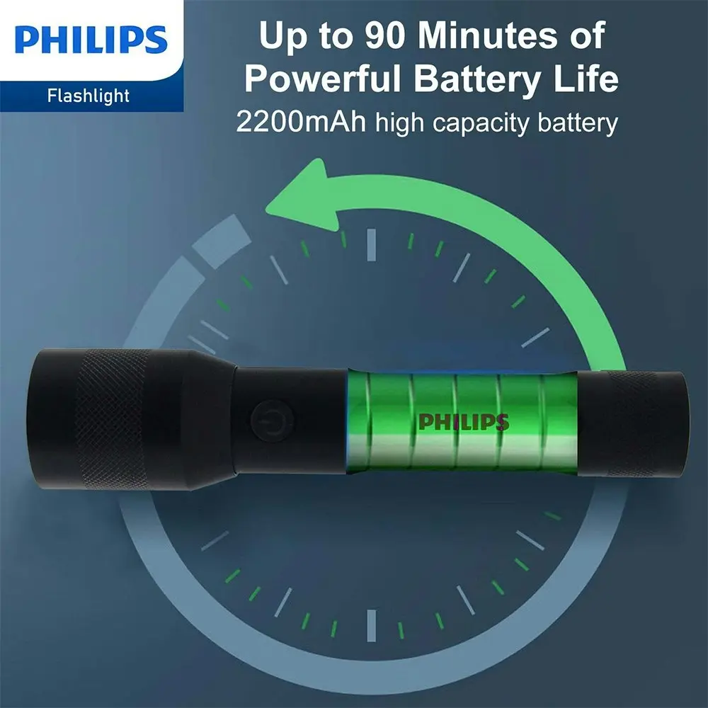 Philips Rechargeable LED Flashlight Handheld Camping 1100LM Torch Light Black