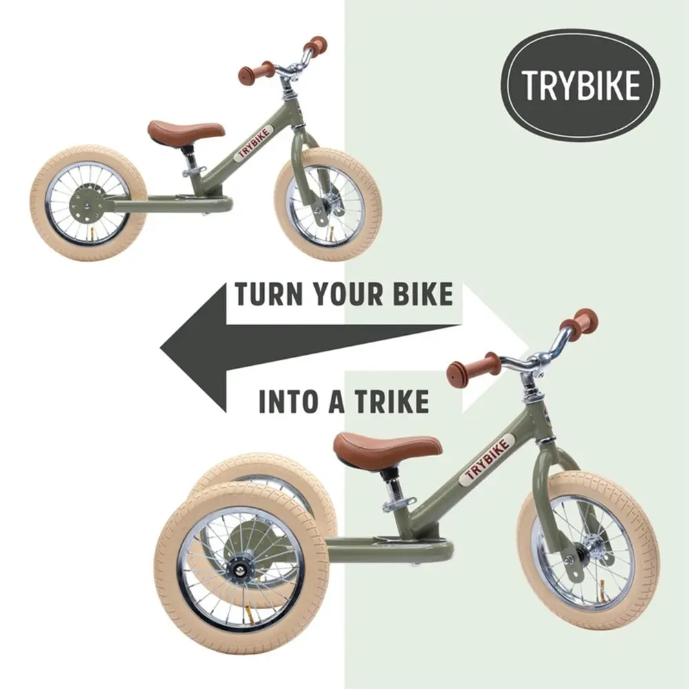 Trybike Vintage 3-Wheel Balance Bike w/Cream Tyres Ride-On Kids/Toddler 18m+ GRN