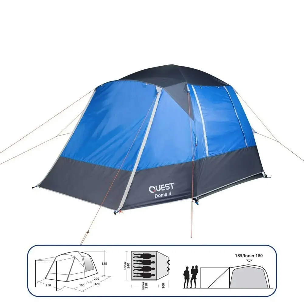 Quest 320cm 4-Person Camping Dome Tent w/ Carry Bag Outdoor Hiking Black/Blue